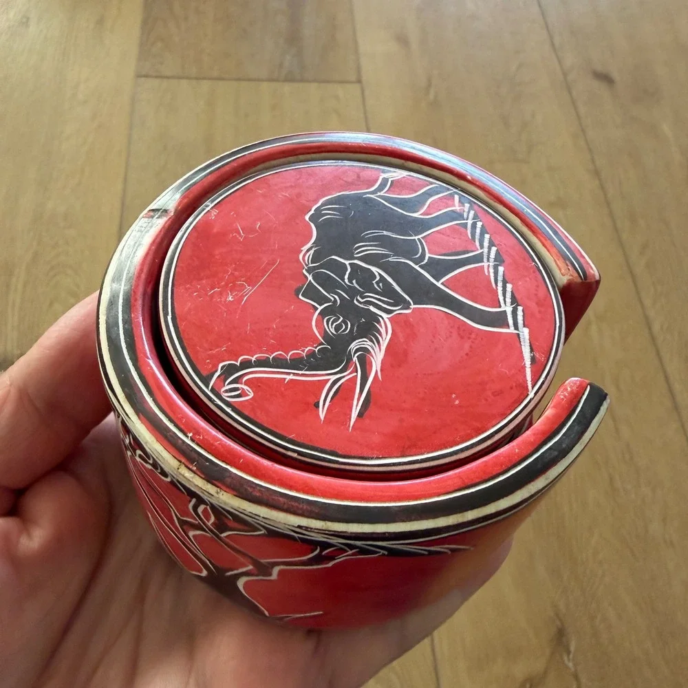 African Soapstone Coaster Set of 6 with Holder Red Black Etched Safari Animals